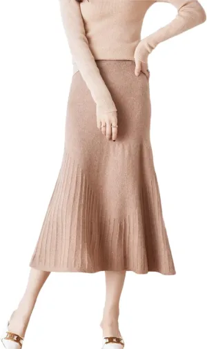 Long Skirt Women's Fall Winter 100% Merino Wool Knitted Skirt Ribbed Elastic Waist Fishtail Skirts