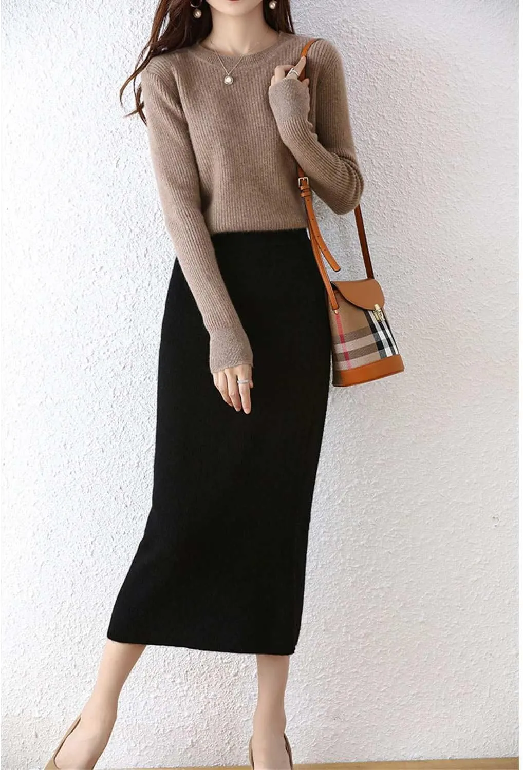 Long Skirt Women's Fall Winter 100% Merino Wool Knitted Skirt Ribbed Elastic Warm Sweater Skirts