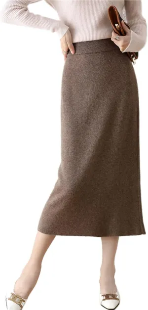 Long Skirt Women's Fall Winter 100% Merino Wool Knitted Skirt Ribbed Elastic Warm Sweater Skirts