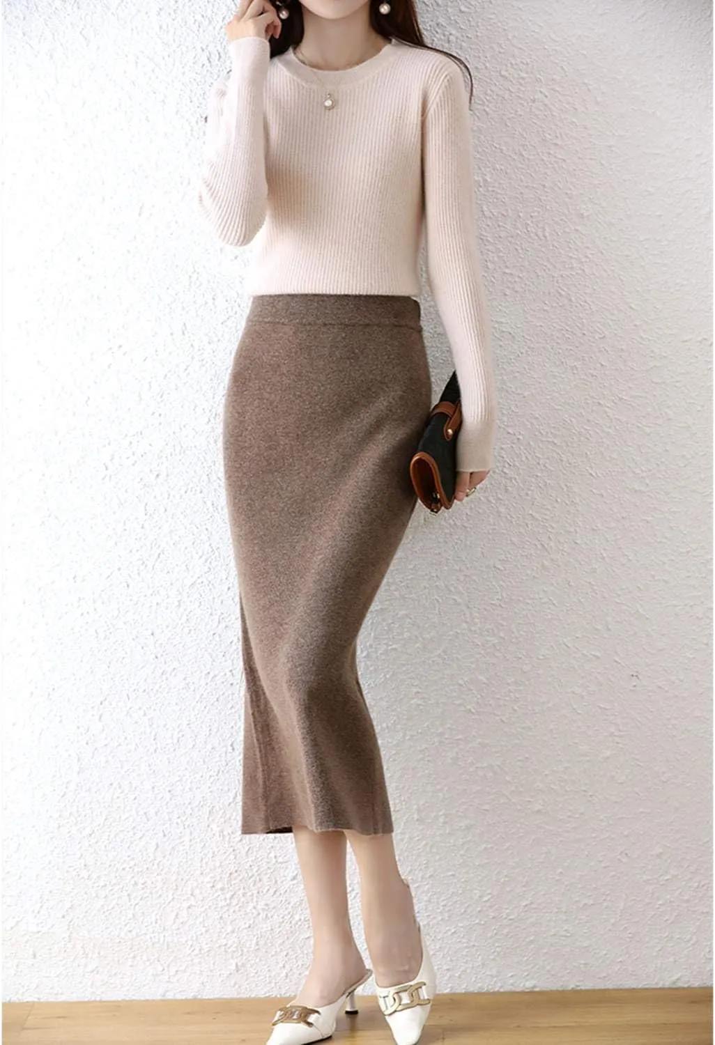 Long Skirt Women's Fall Winter 100% Merino Wool Knitted Skirt Ribbed Elastic Warm Sweater Skirts