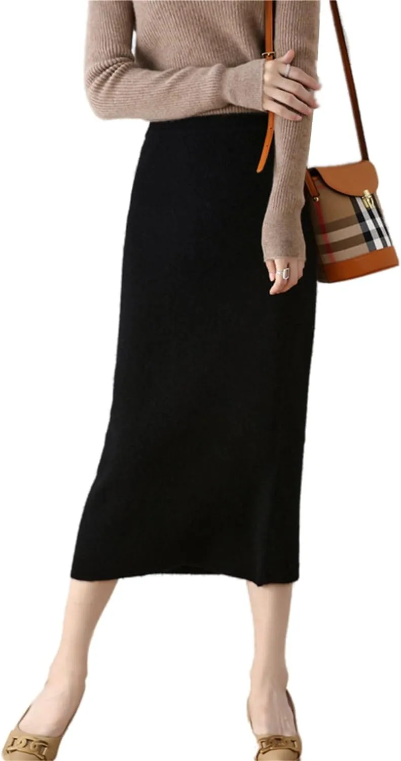 Long Skirt Women's Fall Winter 100% Merino Wool Knitted Skirt Ribbed Elastic Warm Sweater Skirts