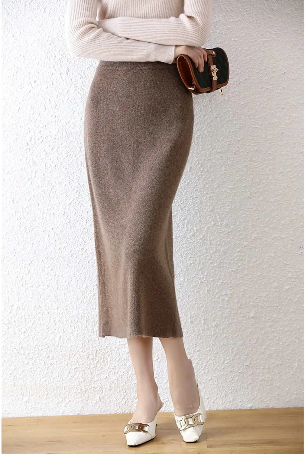 Long Skirt Women's Fall Winter 100% Merino Wool Knitted Skirt Ribbed Elastic Warm Sweater Skirts