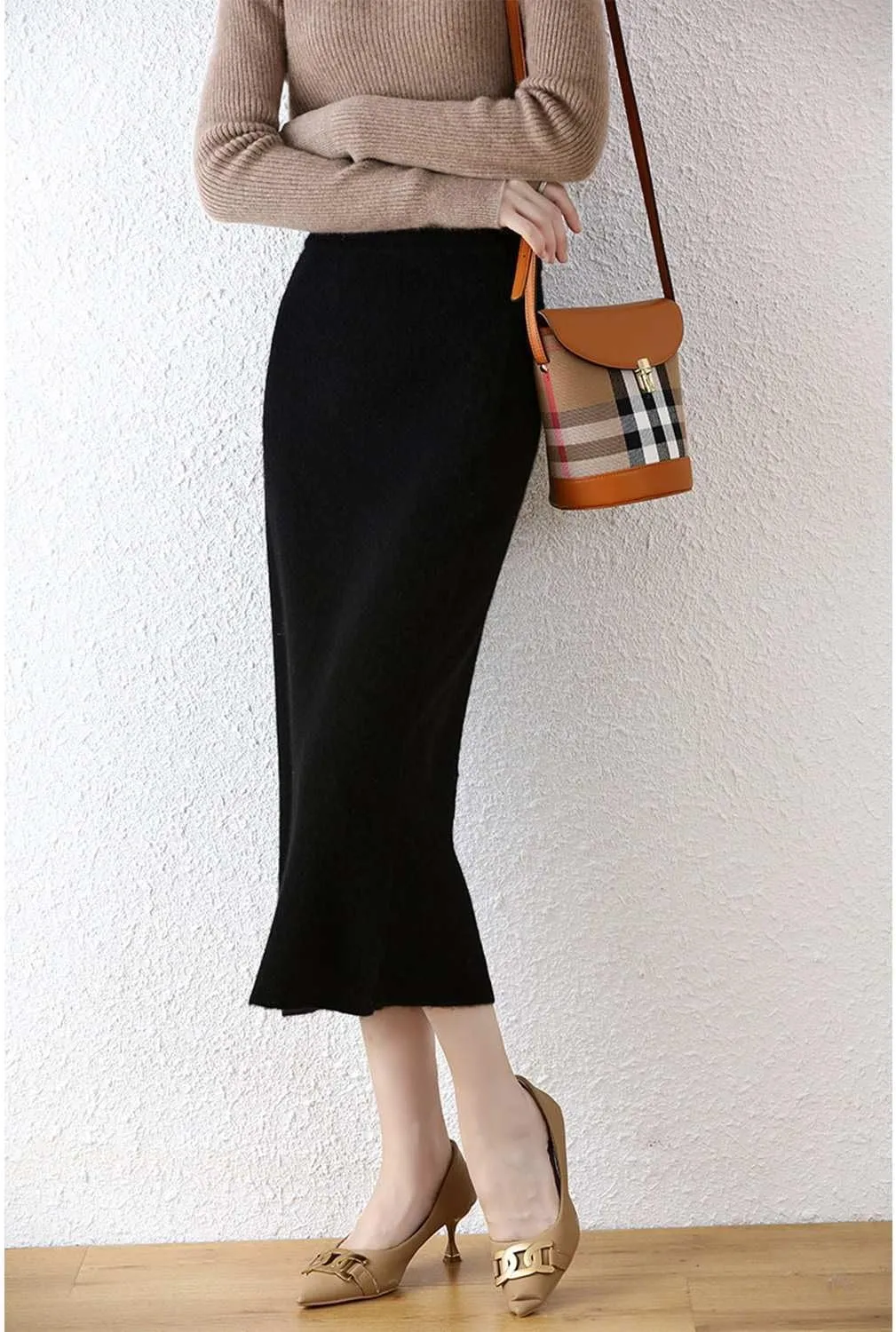 Long Skirt Women's Fall Winter 100% Merino Wool Knitted Skirt Ribbed Elastic Warm Sweater Skirts