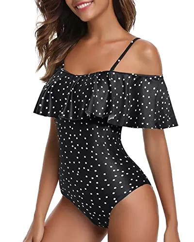 Long Torso Printed One Piece Swimsuit For Women Ruffled Flounce Bathing Suit-Black White Dot