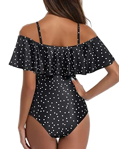 Long Torso Printed One Piece Swimsuit For Women Ruffled Flounce Bathing Suit-Black White Dot