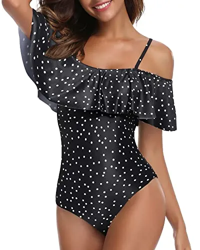 Long Torso Printed One Piece Swimsuit For Women Ruffled Flounce Bathing Suit-Black White Dot
