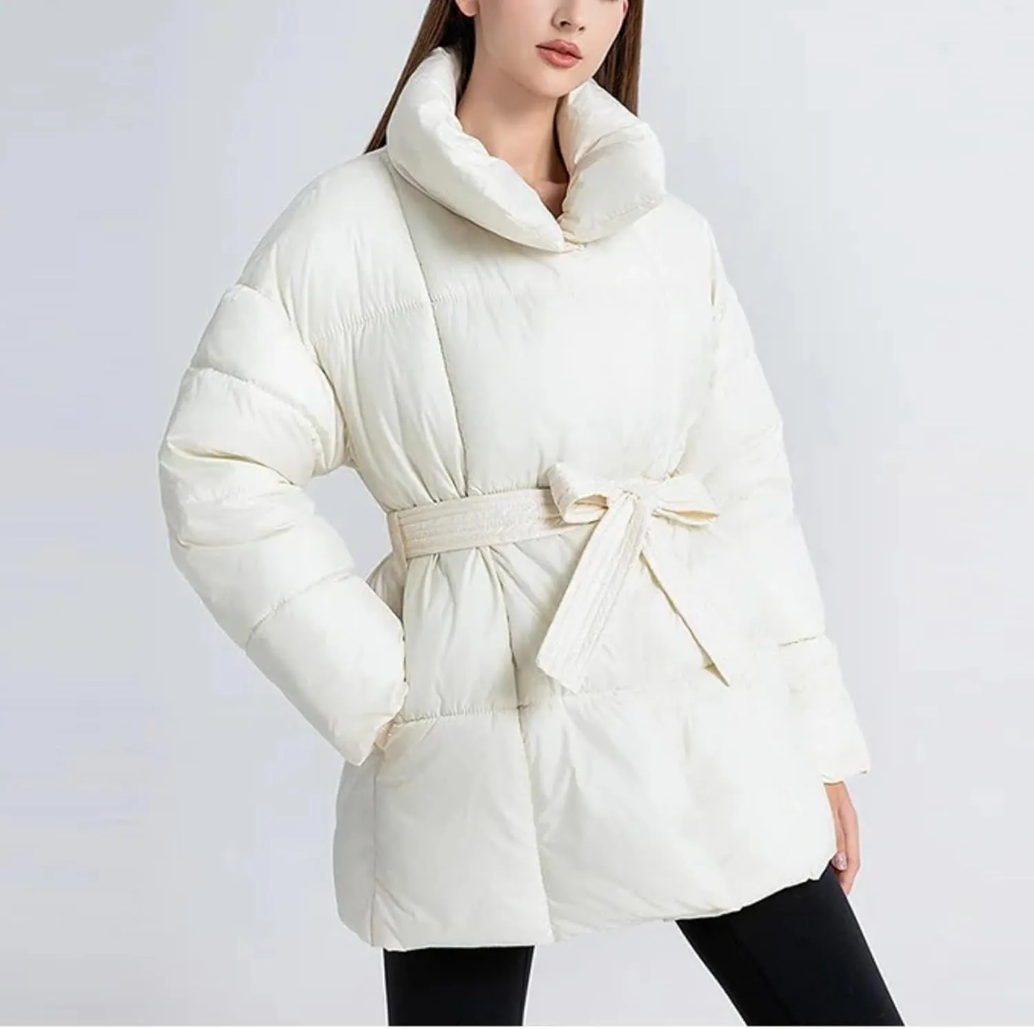 Loose Cotton Padded Down Coats Women Turn-down Collar with Belted Long Sleeve Parkas Autumn Winter Streetwear
