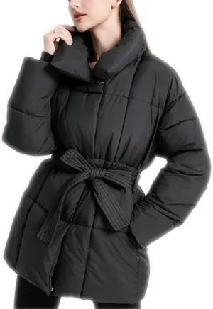 Loose Cotton Padded Down Coats Women Turn-down Collar with Belted Long Sleeve Parkas Autumn Winter Streetwear