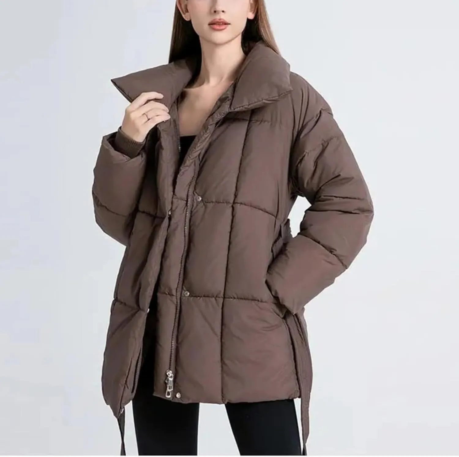 Loose Cotton Padded Down Coats Women Turn-down Collar with Belted Long Sleeve Parkas Autumn Winter Streetwear