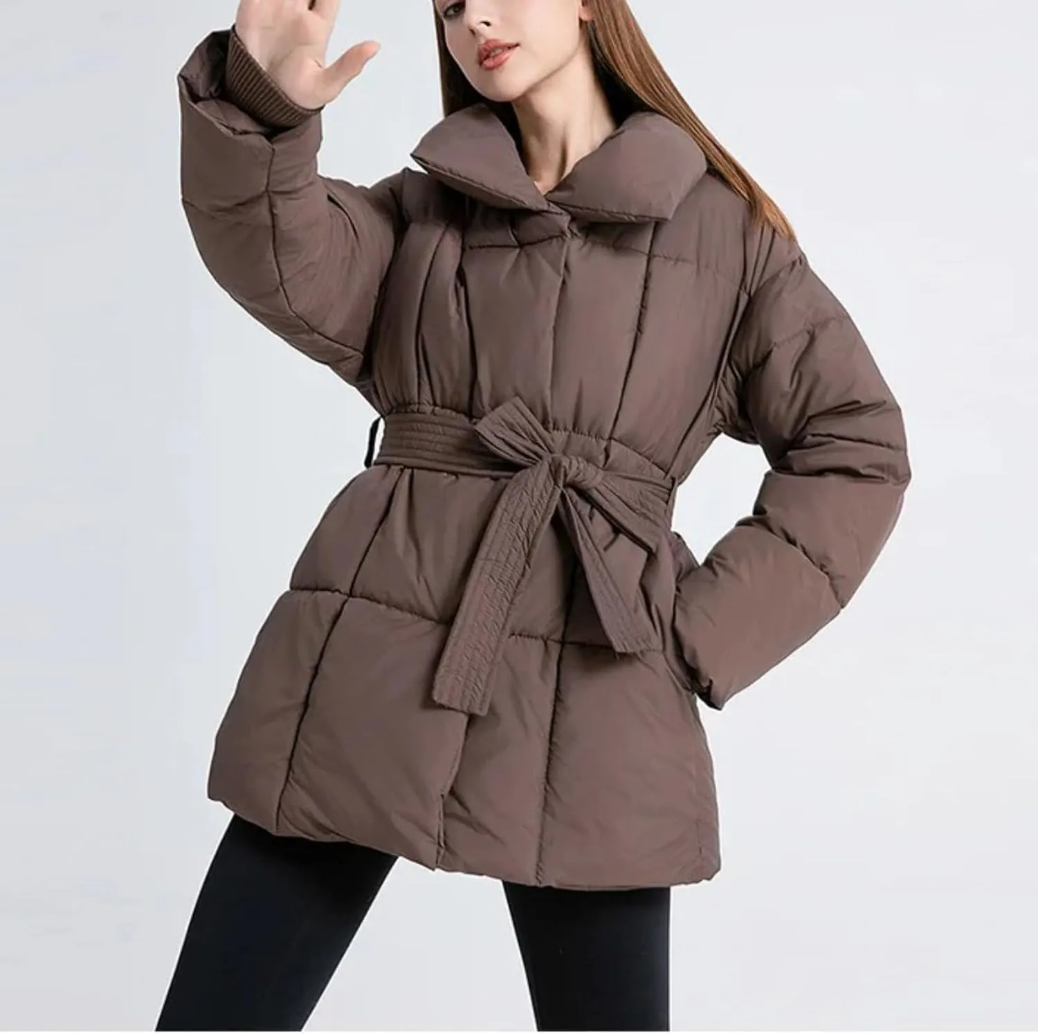 Loose Cotton Padded Down Coats Women Turn-down Collar with Belted Long Sleeve Parkas Autumn Winter Streetwear