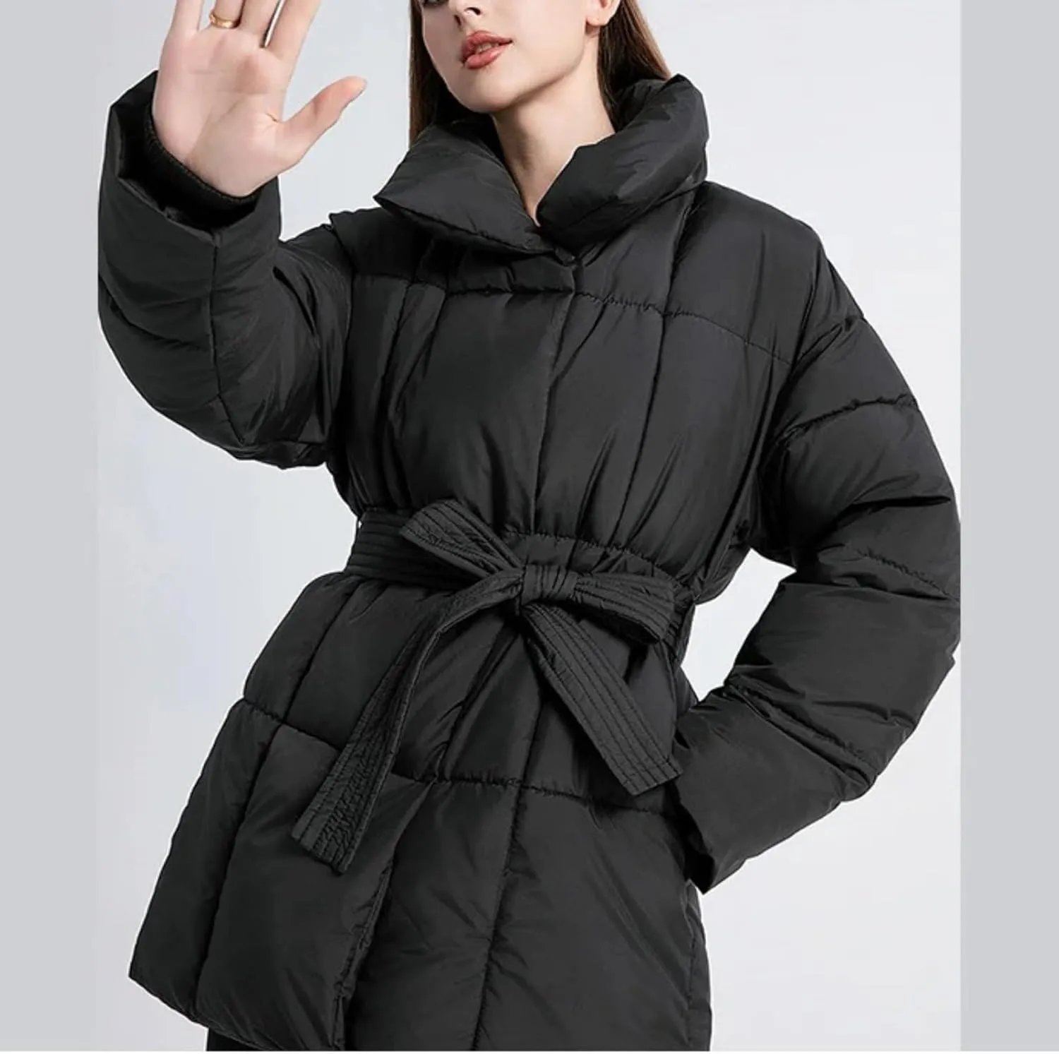 Loose Cotton Padded Down Coats Women Turn-down Collar with Belted Long Sleeve Parkas Autumn Winter Streetwear