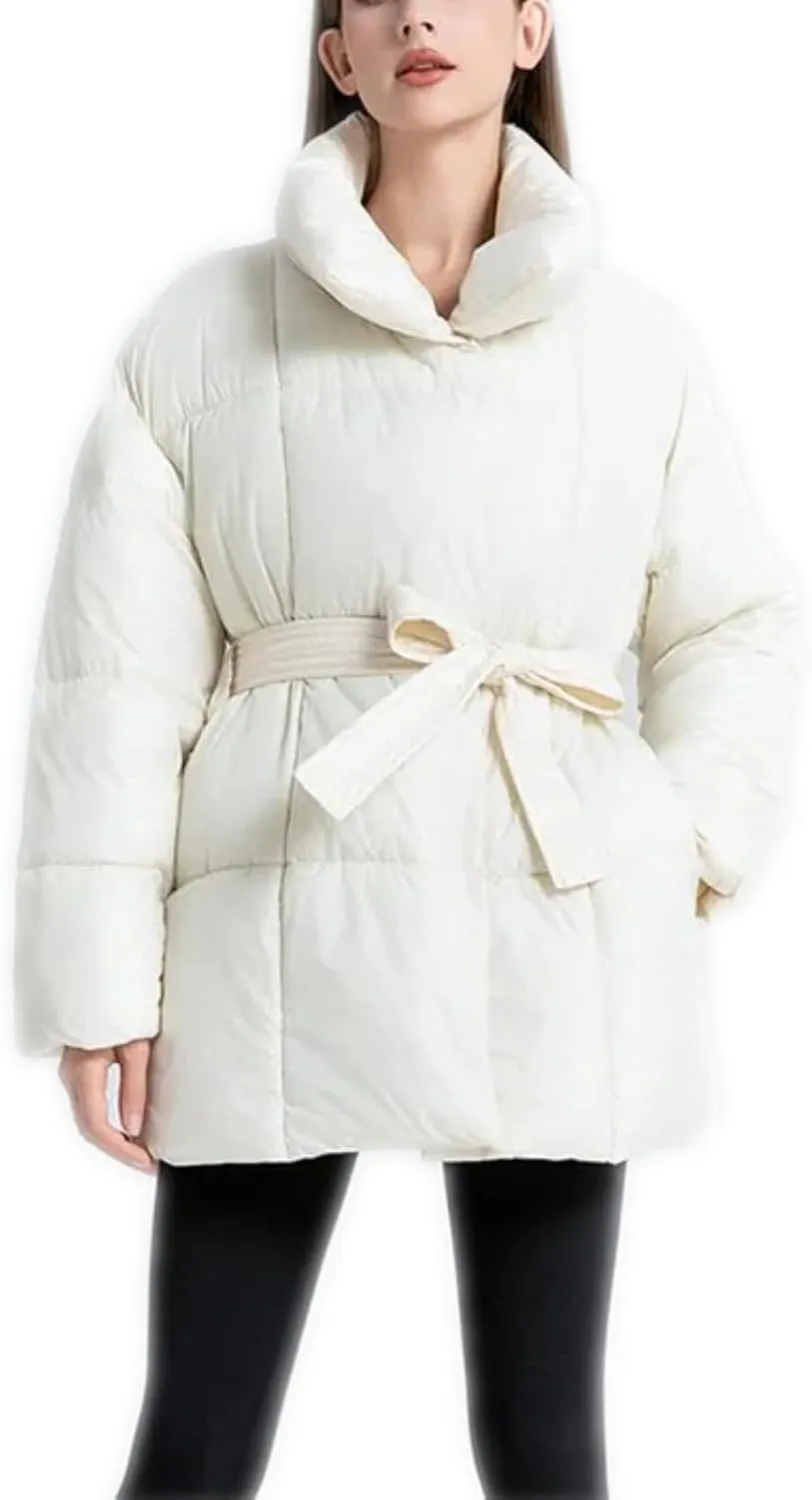 Loose Cotton Padded Down Coats Women Turn-down Collar with Belted Long Sleeve Parkas Autumn Winter Streetwear