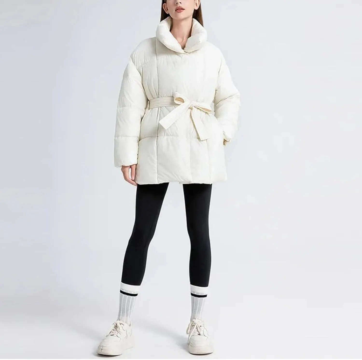 Loose Cotton Padded Down Coats Women Turn-down Collar with Belted Long Sleeve Parkas Autumn Winter Streetwear