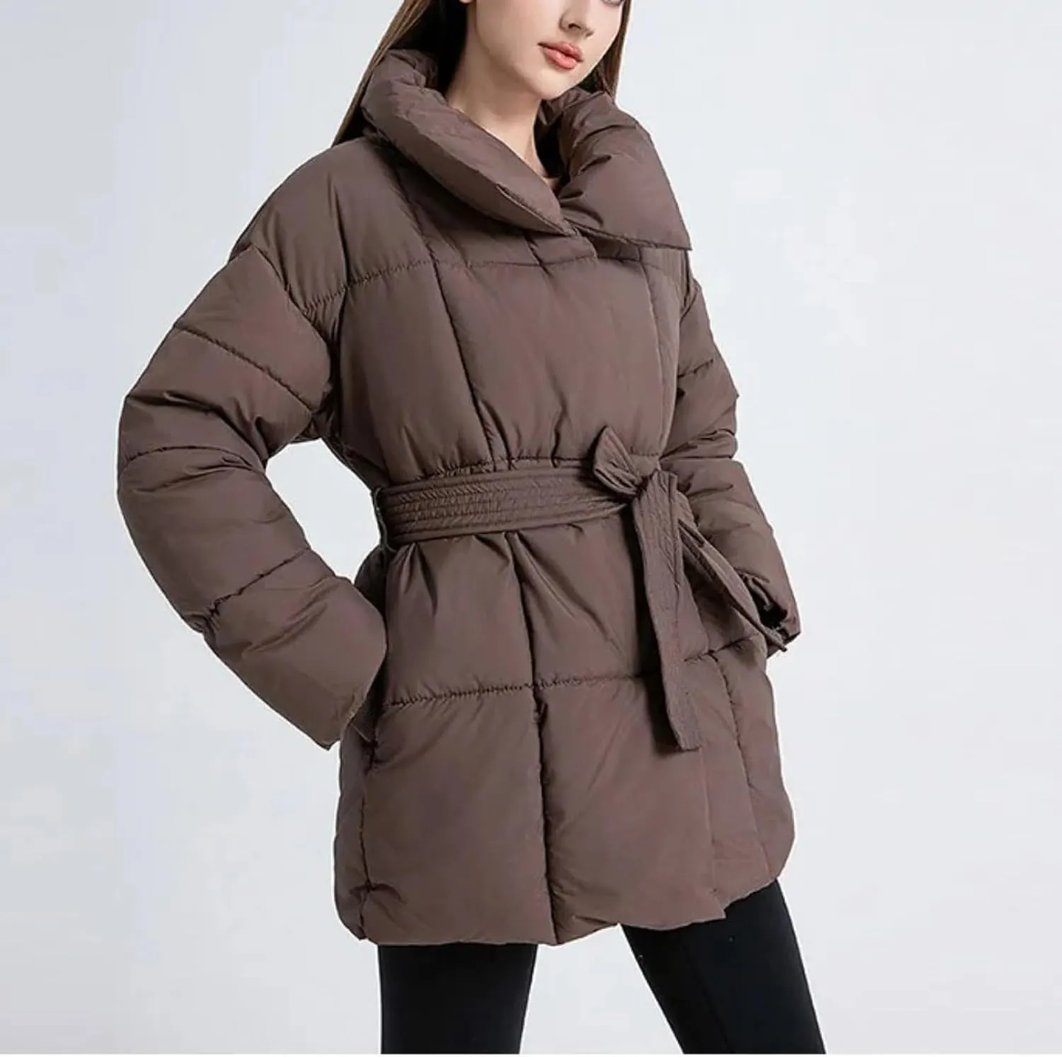 Loose Cotton Padded Down Coats Women Turn-down Collar with Belted Long Sleeve Parkas Autumn Winter Streetwear