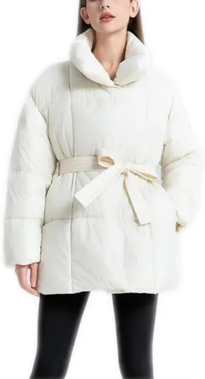 Loose Cotton Padded Down Coats Women Turn-down Collar with Belted Long Sleeve Parkas Autumn Winter Streetwear