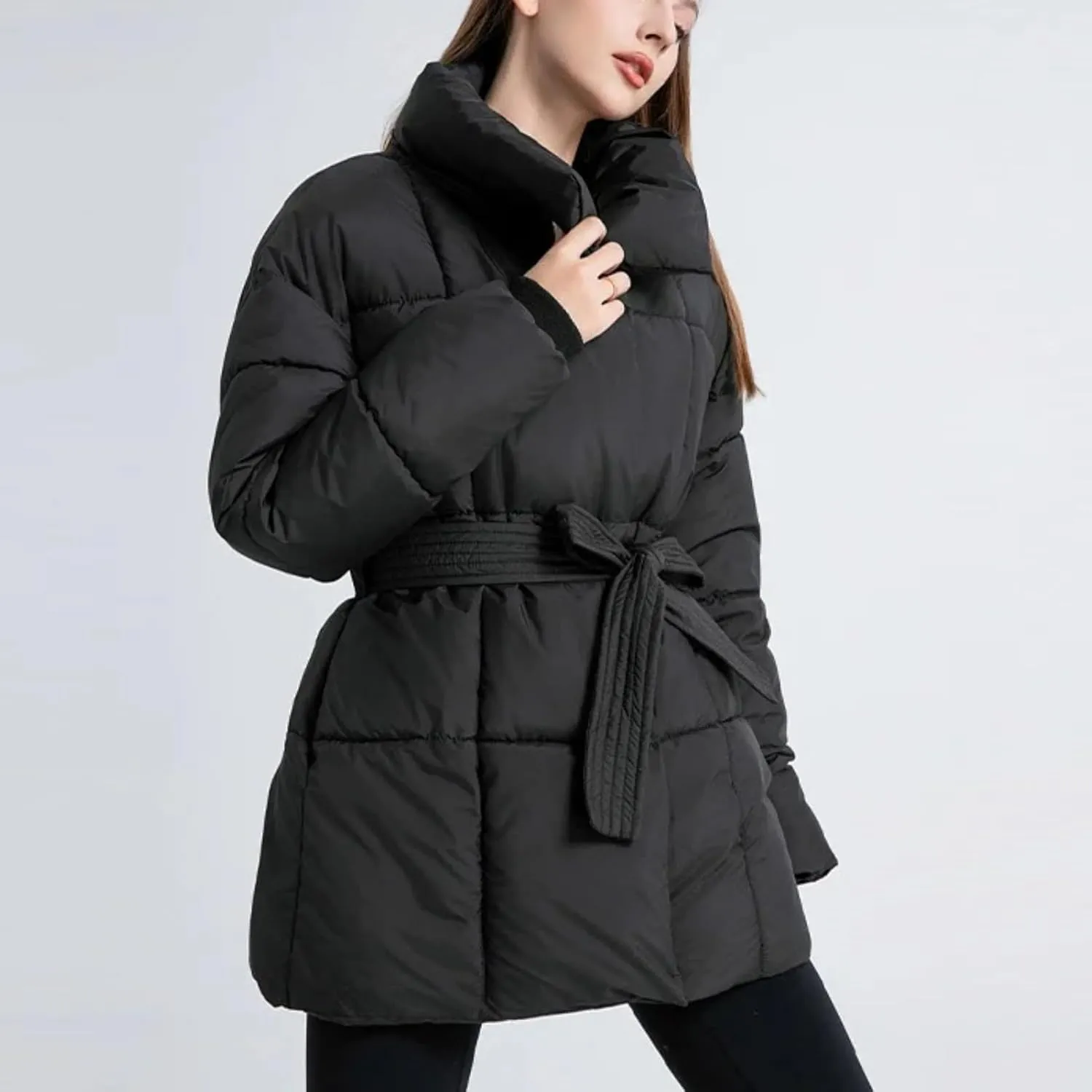 Loose Cotton Padded Down Coats Women Turn-down Collar with Belted Long Sleeve Parkas Autumn Winter Streetwear