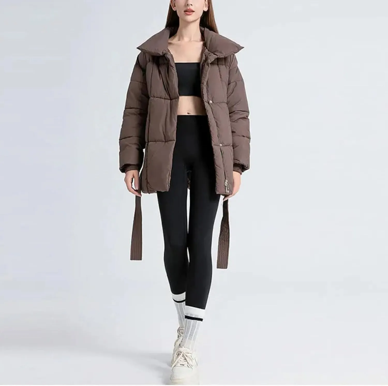 Loose Cotton Padded Down Coats Women Turn-down Collar with Belted Long Sleeve Parkas Autumn Winter Streetwear