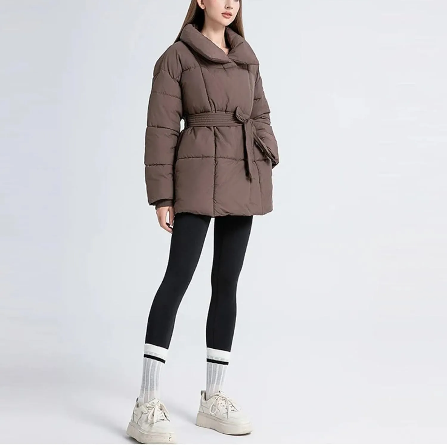 Loose Cotton Padded Down Coats Women Turn-down Collar with Belted Long Sleeve Parkas Autumn Winter Streetwear
