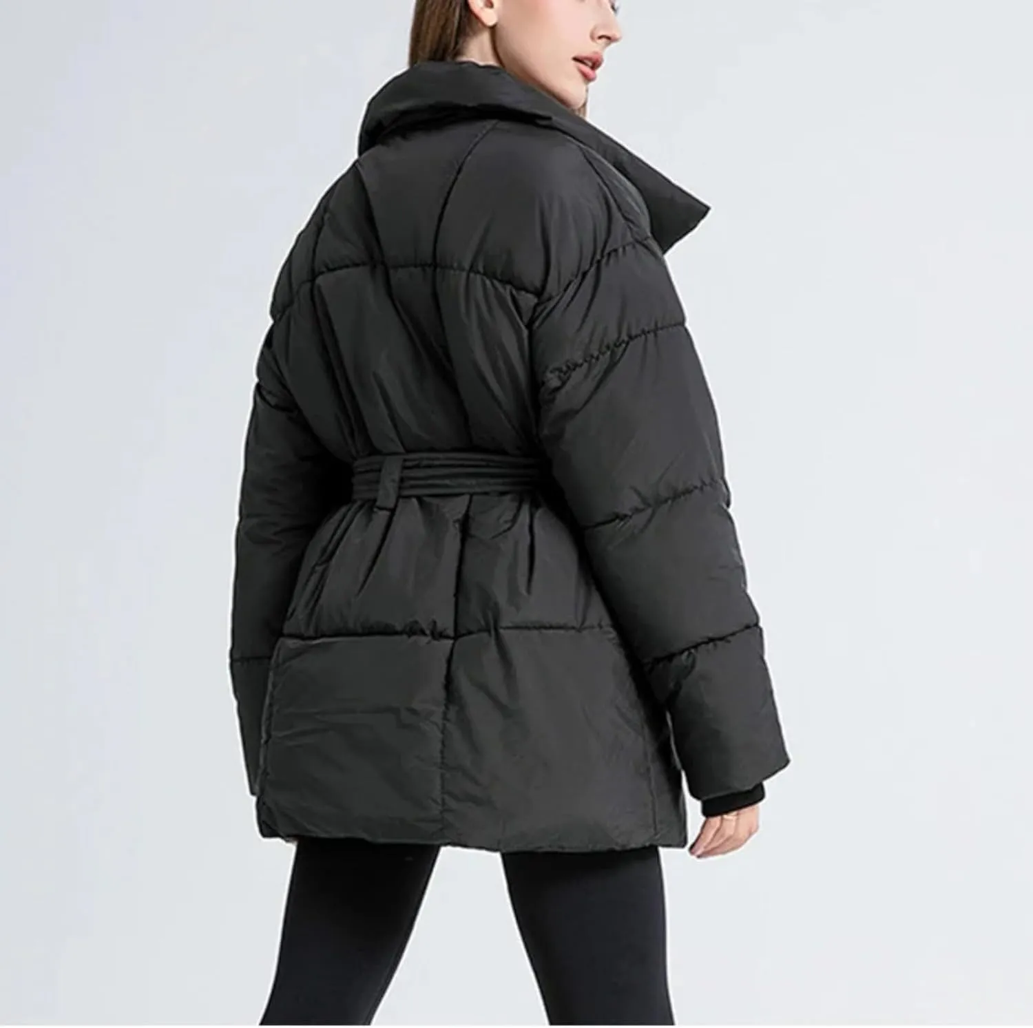 Loose Cotton Padded Down Coats Women Turn-down Collar with Belted Long Sleeve Parkas Autumn Winter Streetwear