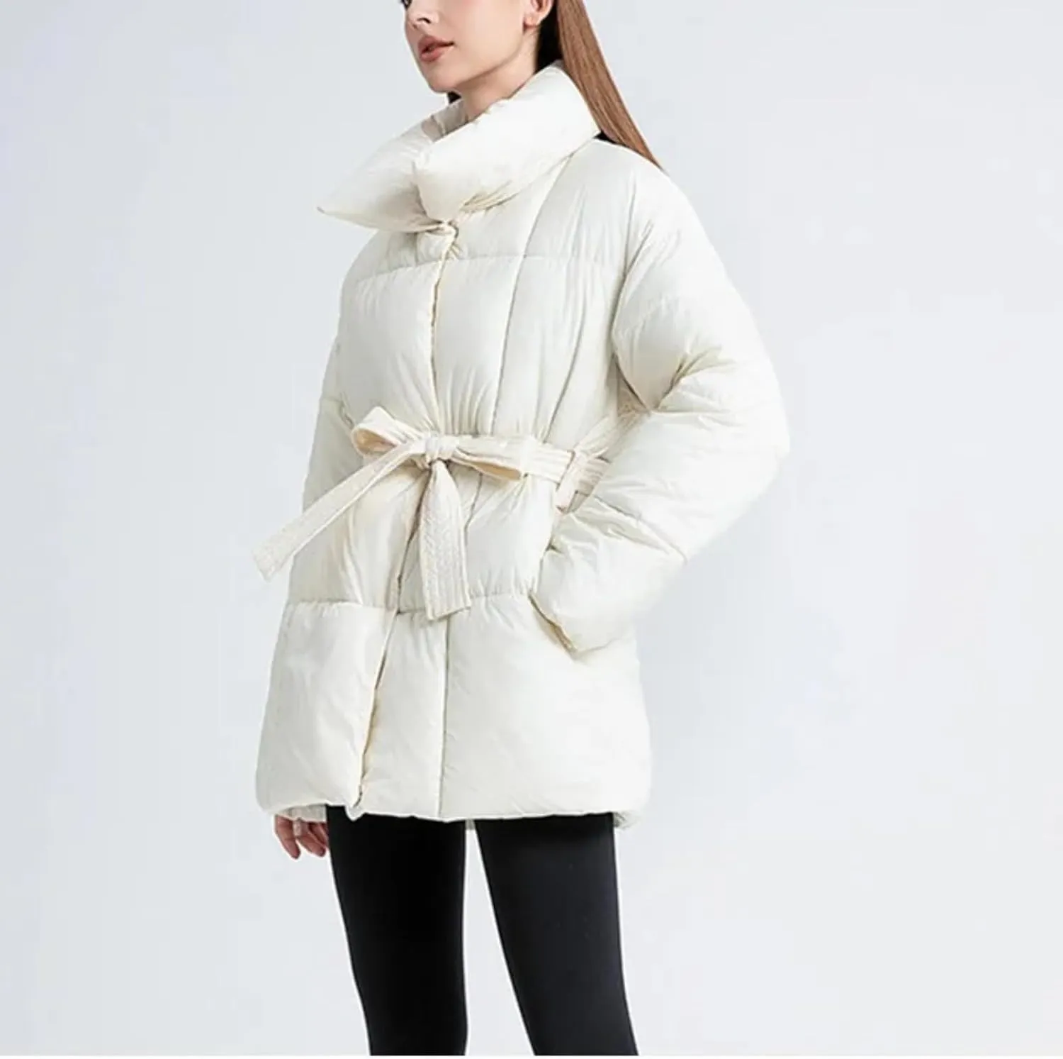 Loose Cotton Padded Down Coats Women Turn-down Collar with Belted Long Sleeve Parkas Autumn Winter Streetwear