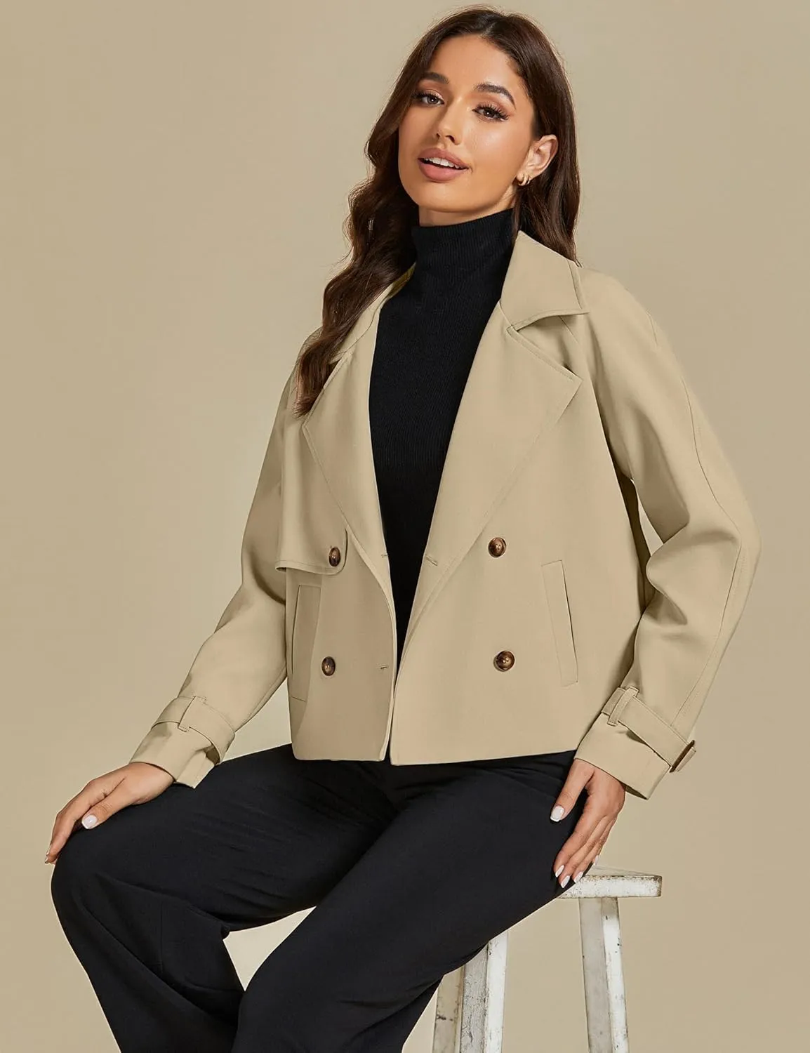 luvamia Cropped Trench Coat for Women Long Sleeve Double Breasted Notched Lapel Casual Loose Fit Jackets with Pockets