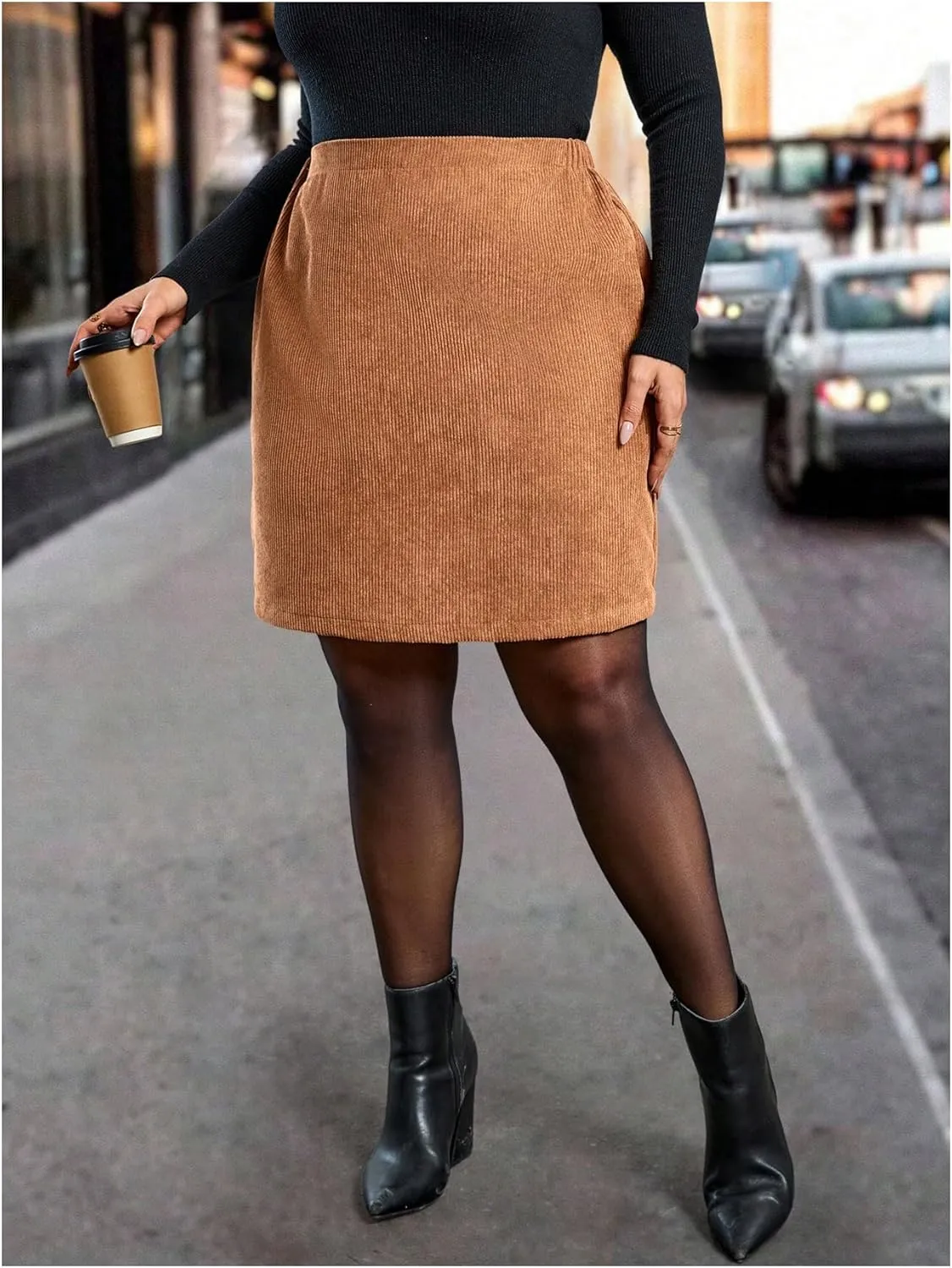 MakeMeChic Women's Plus Size Plaid Skirt Elastic High Waisted Pencil Mini Skirts