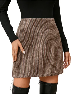 MakeMeChic Women's Plus Size Plaid Skirt Elastic High Waisted Pencil Mini Skirts