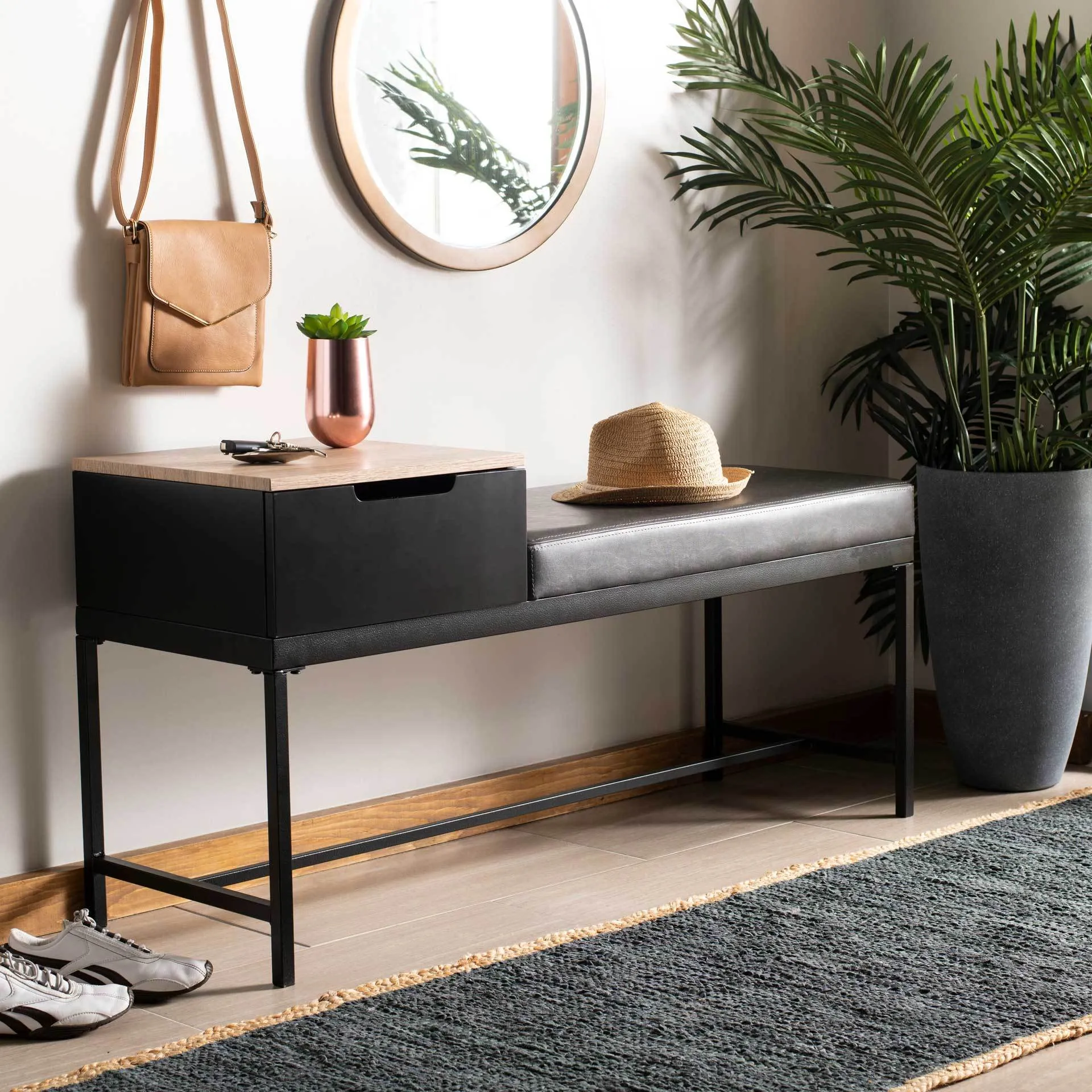 Maxton Bench with Storage Light Oak/Gray