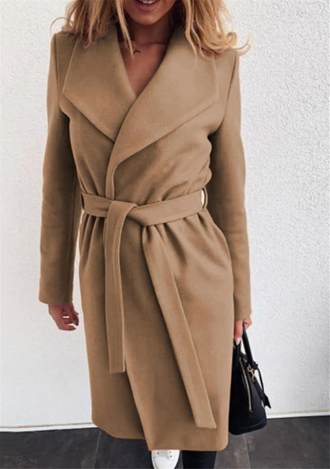 MAYRAIN Women Casual Long Sleeve Classic Cardigan Open Front Wool Blend Elegant Pea Coat Lapel Collar Long Coat With Belt