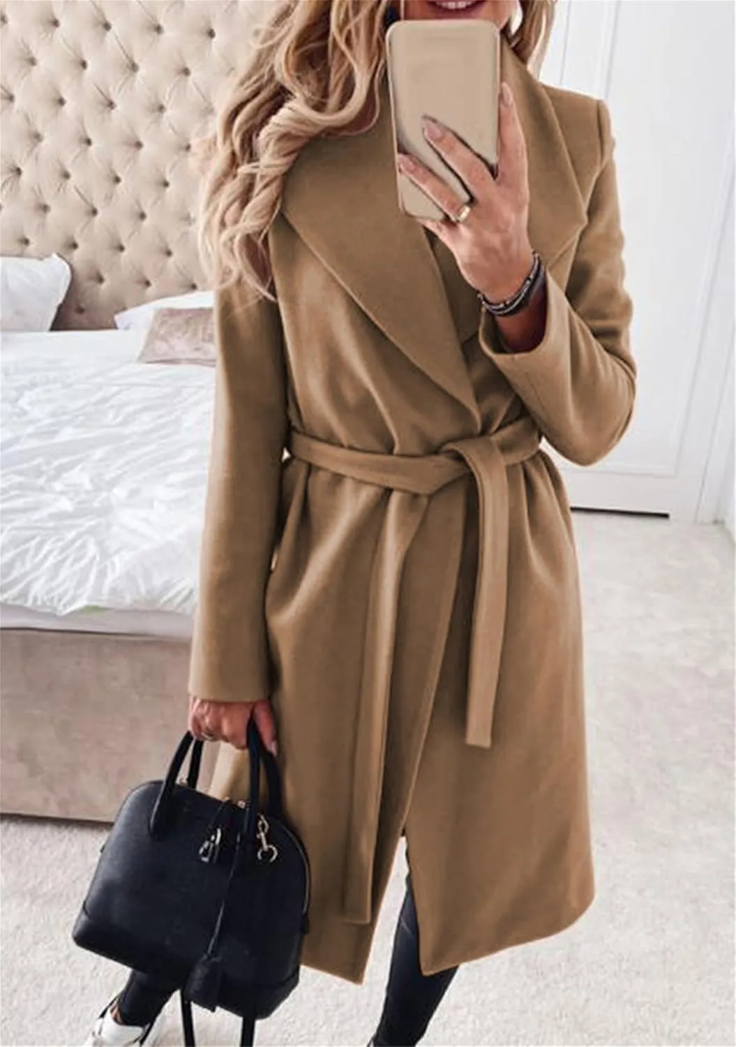 MAYRAIN Women Casual Long Sleeve Classic Cardigan Open Front Wool Blend Elegant Pea Coat Lapel Collar Long Coat With Belt