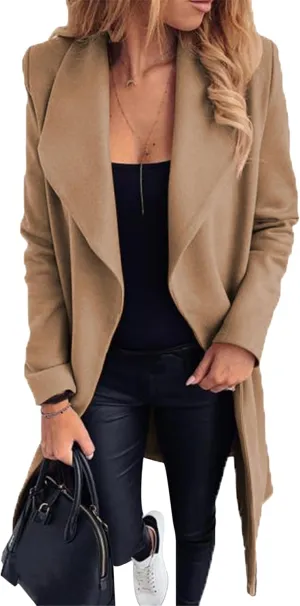 MAYRAIN Women Casual Long Sleeve Classic Cardigan Open Front Wool Blend Elegant Pea Coat Lapel Collar Long Coat With Belt