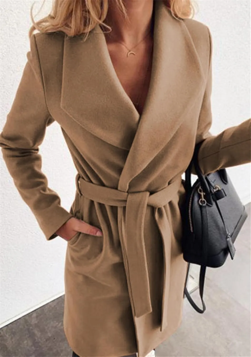 MAYRAIN Women Casual Long Sleeve Classic Cardigan Open Front Wool Blend Elegant Pea Coat Lapel Collar Long Coat With Belt