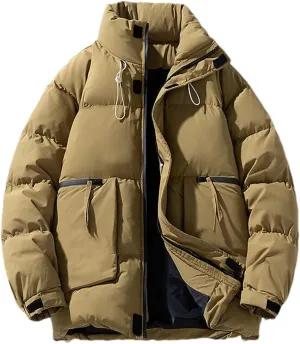 Men Drawstring Stand Collar Cotton-Padded Classic Outdoor Thicken Solid Zipper Pockets Parka Coat