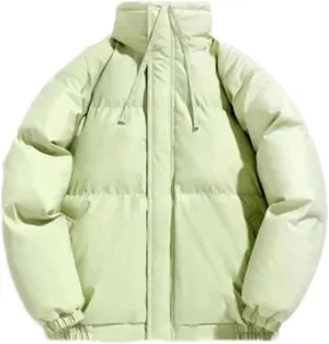 Men Drawstring Stand Collar Cotton-Padded Jacket Classic Zipper Thicken Oversized Parka Coat