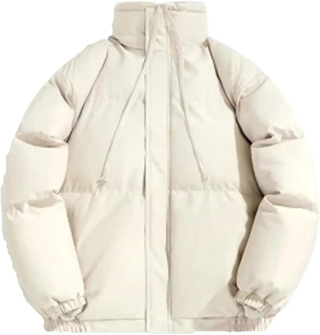 Men Drawstring Stand Collar Cotton-Padded Jacket Classic Zipper Thicken Oversized Parka Coat
