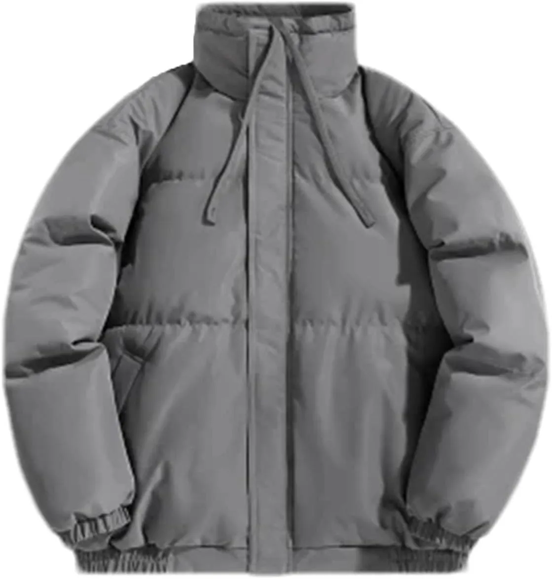 Men Drawstring Stand Collar Cotton-Padded Jacket Classic Zipper Thicken Oversized Parka Coat