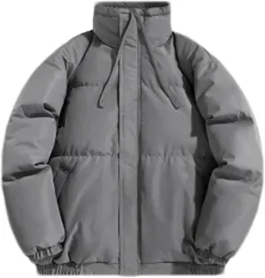 Men Drawstring Stand Collar Cotton-Padded Jacket Classic Zipper Thicken Oversized Parka Coat