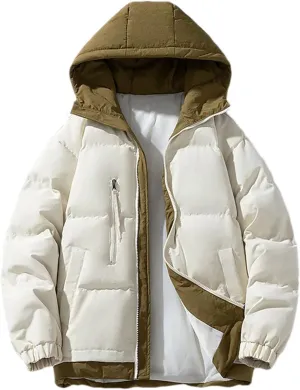 Men Hooded Patchwork Cotton-Padded Jacket Classic Thicken Fake Two Piece Parka Coat
