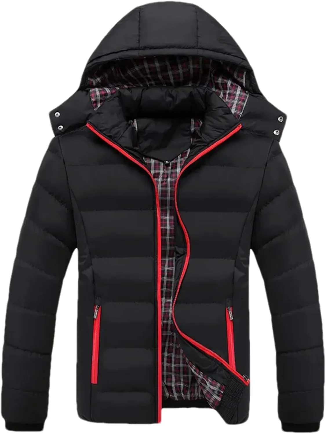Men Hooded Stand Collar Cotton-Padded Jacket Classic Patchwork Zipper Warm Parka Coat