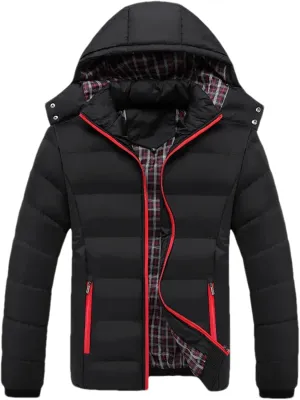 Men Hooded Stand Collar Cotton-Padded Jacket Classic Patchwork Zipper Warm Parka Coat