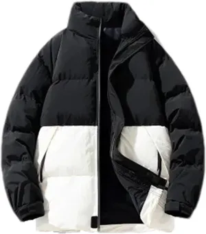 Men Patchwork Stand Collar Cotton-Padded Jacket Classic Zipper Pockets Oversized Parka Coat