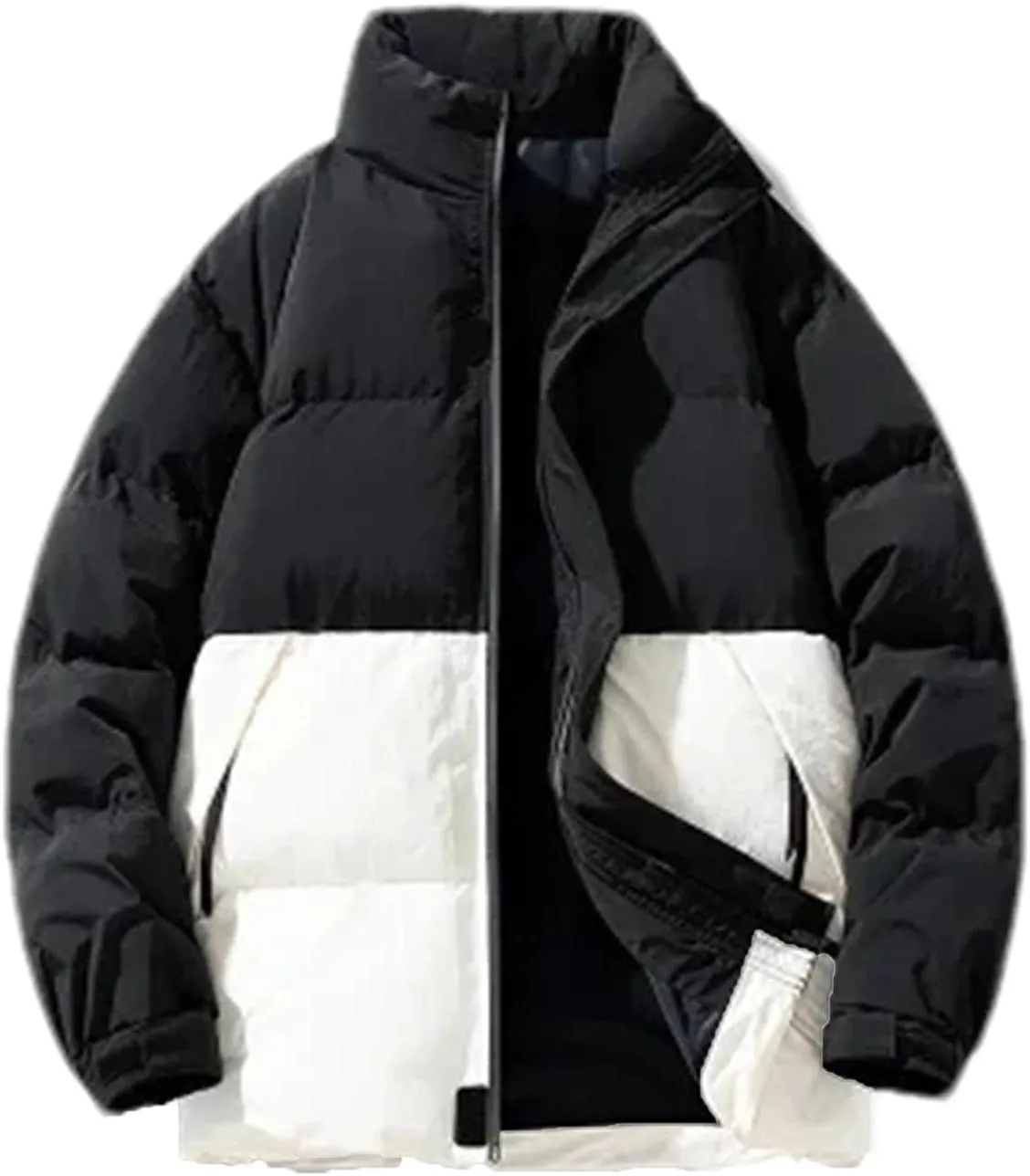 Men Patchwork Stand Collar Cotton-Padded Jacket Classic Zipper Pockets Oversized Parka Coat