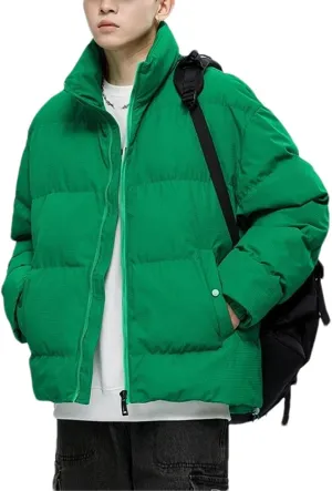 Men Solid Stand Collar Cotton-Padded Classic Outdoor Oversized Button Pockets Parka Coat