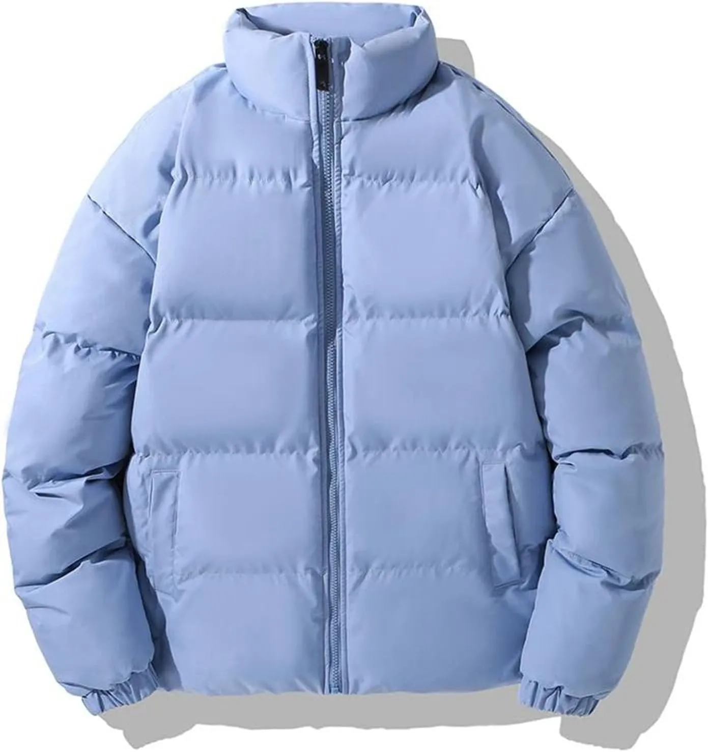 Men Solid Stand Collar Cotton-Padded Jacket Classic Thicken Warm Zipper Long Sleeve Parka Coat