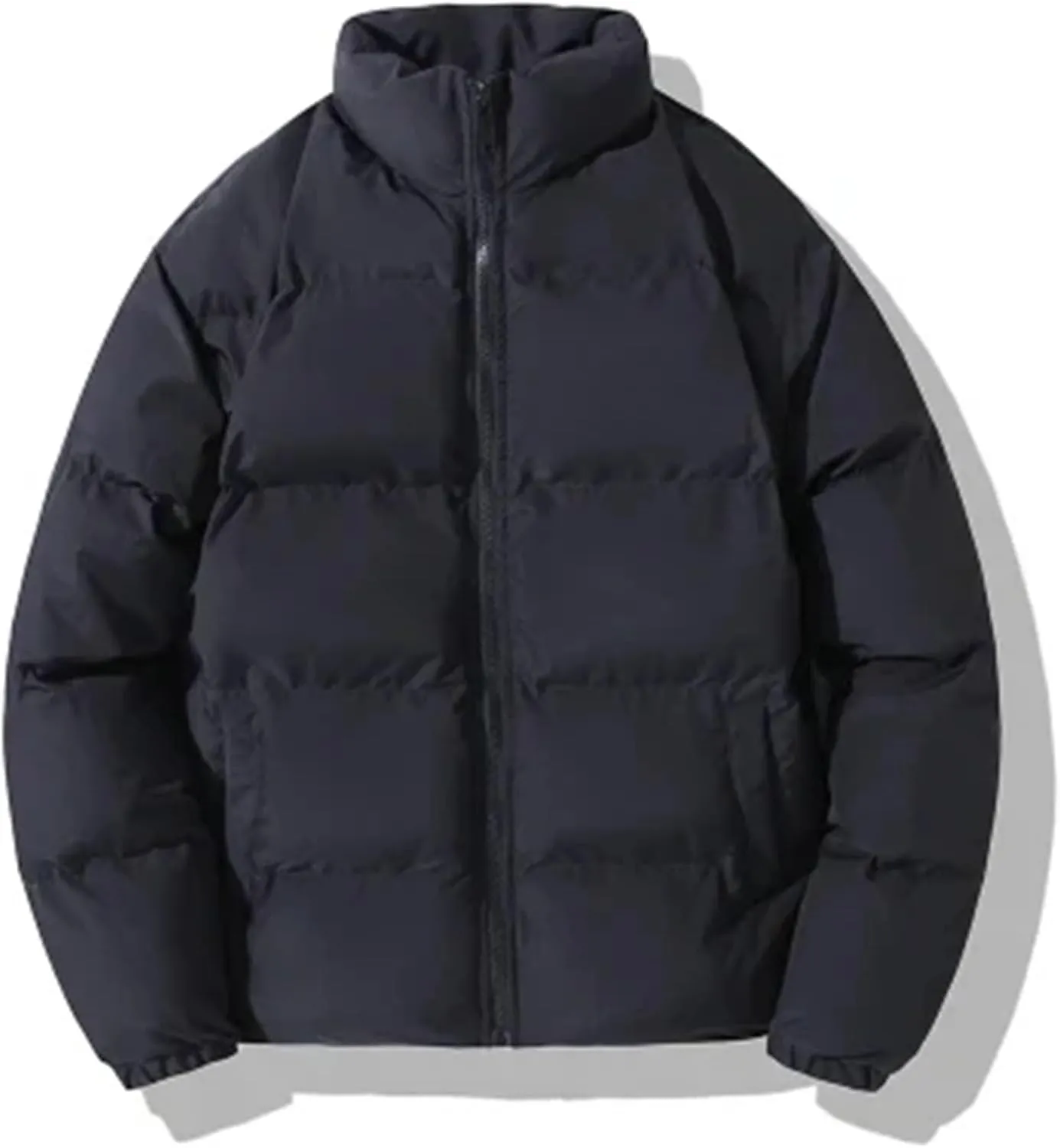 Men Solid Stand Collar Cotton-Padded Jacket Classic Thicken Warm Zipper Long Sleeve Parka Coat