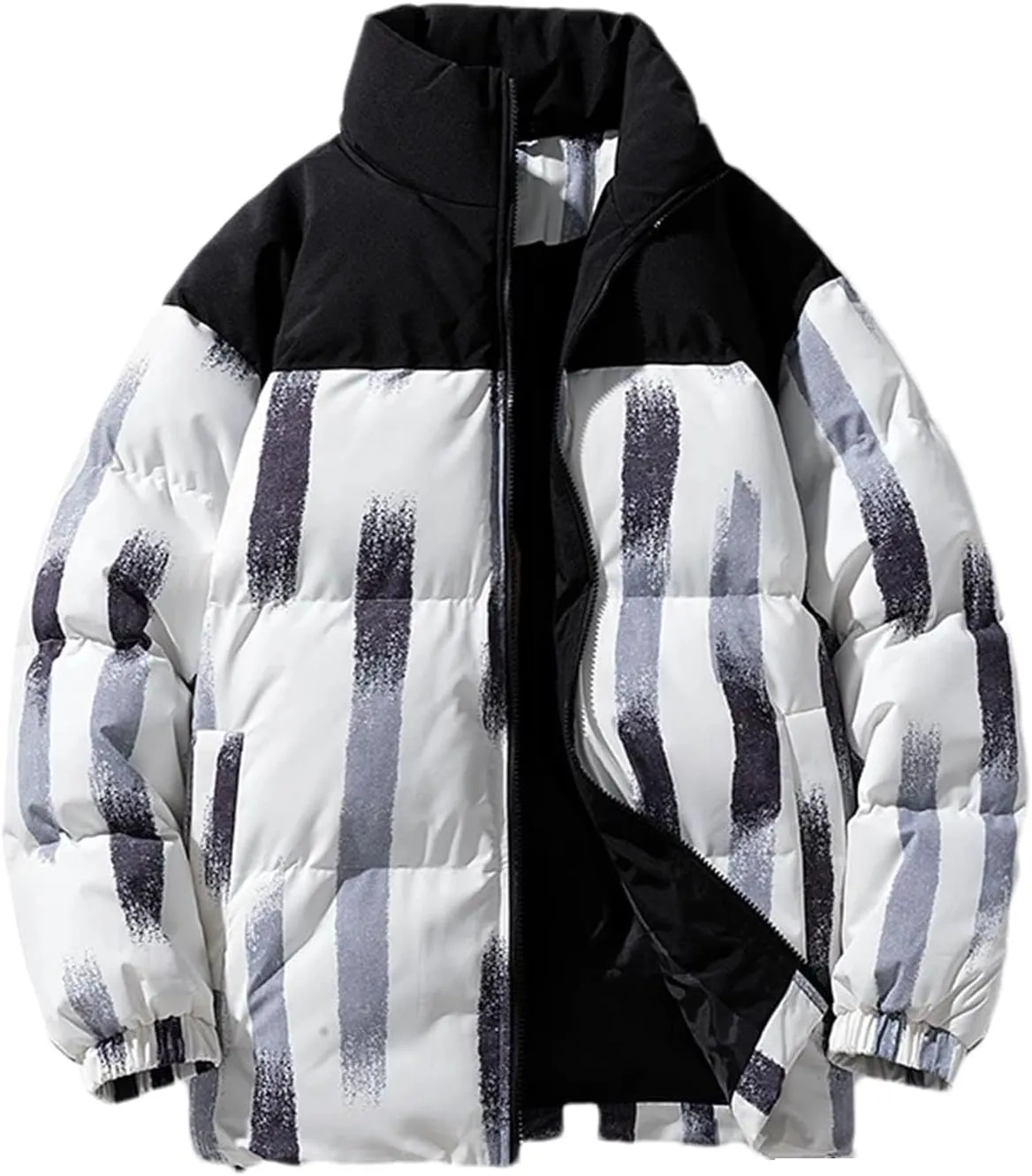 Men Stand Collar Print Cotton-Padded Jacket Classic Outdoor Tie-Dye Gradient Oversized Parka Coat