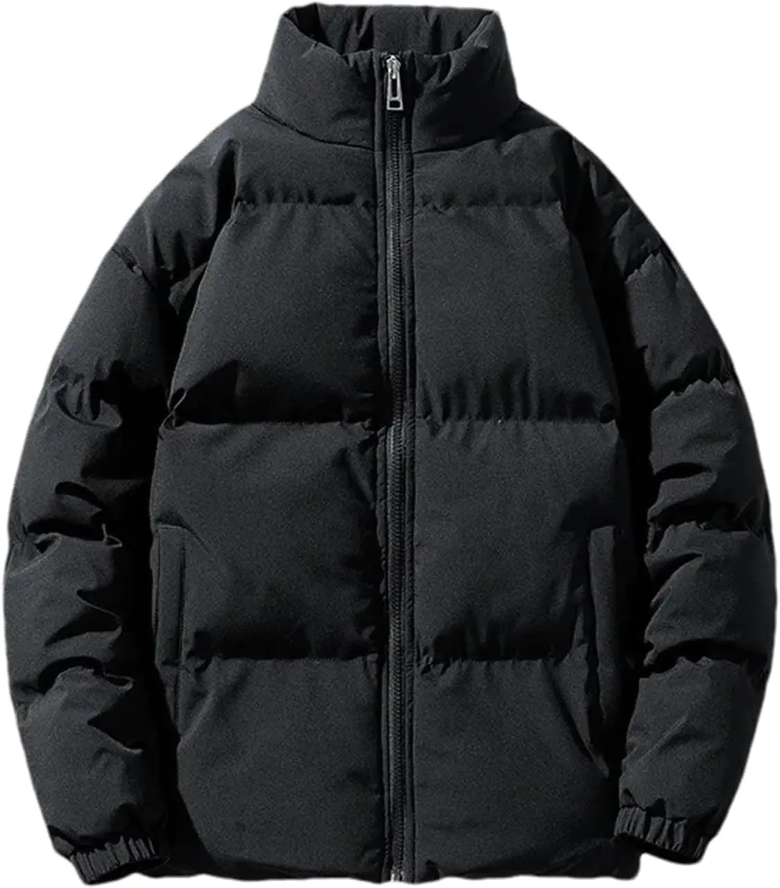 Men Stand Collar Solid Oversized Cotton-Padded Jacket Thicken Classic Stripe Zipper Parka Coat