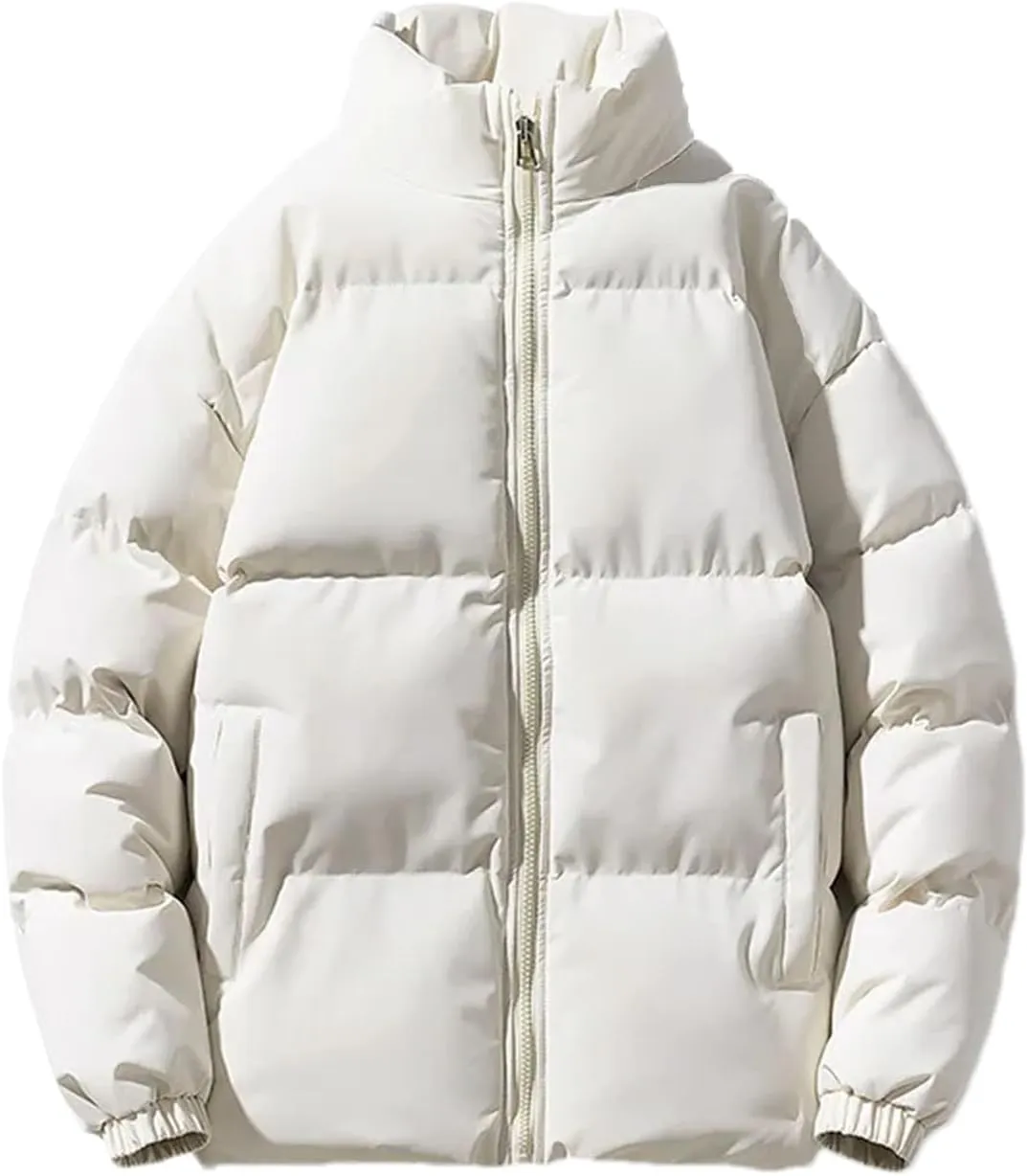 Men Stand Collar Solid Oversized Cotton-Padded Jacket Thicken Classic Stripe Zipper Parka Coat