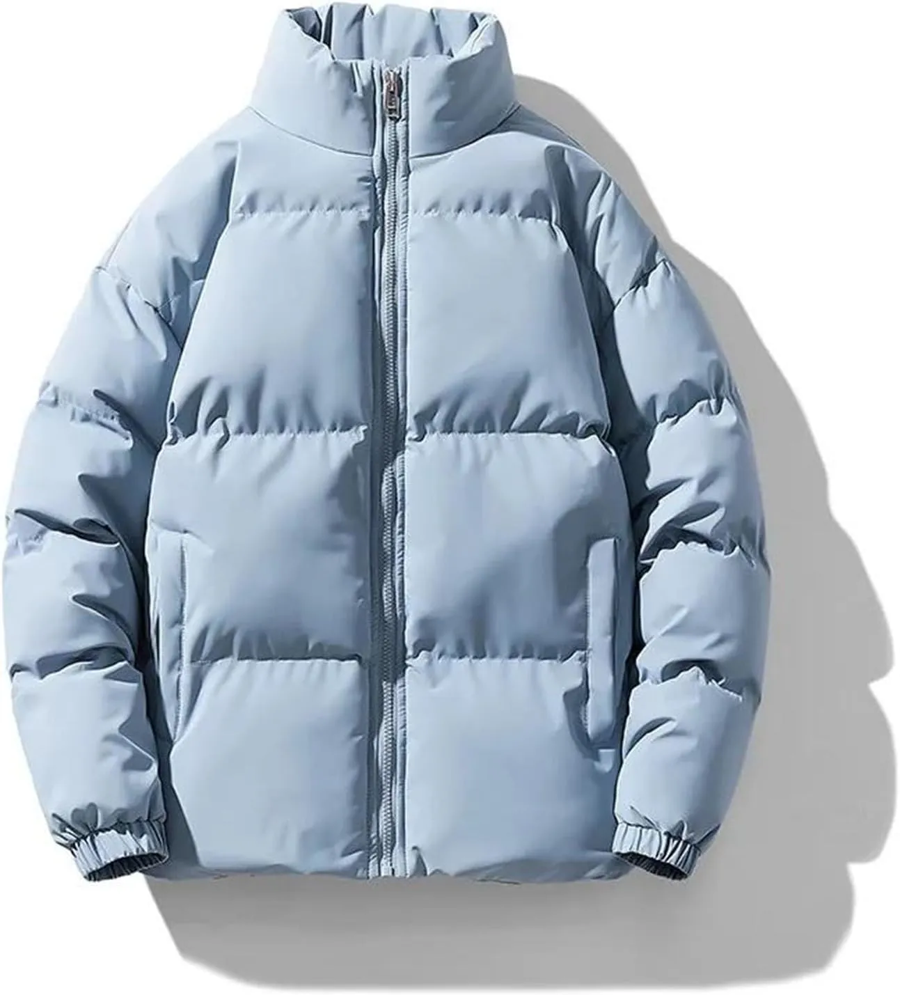 Men Stand Collar Solid Oversized Cotton-Padded Jacket Thicken Classic Stripe Zipper Parka Coat