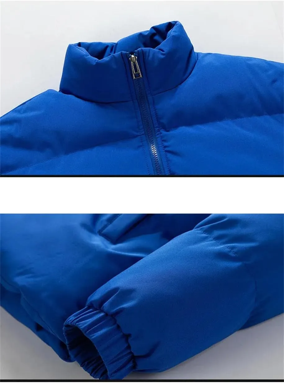 Men Stand Collar Solid Oversized Cotton-Padded Jacket Thicken Classic Stripe Zipper Parka Coat